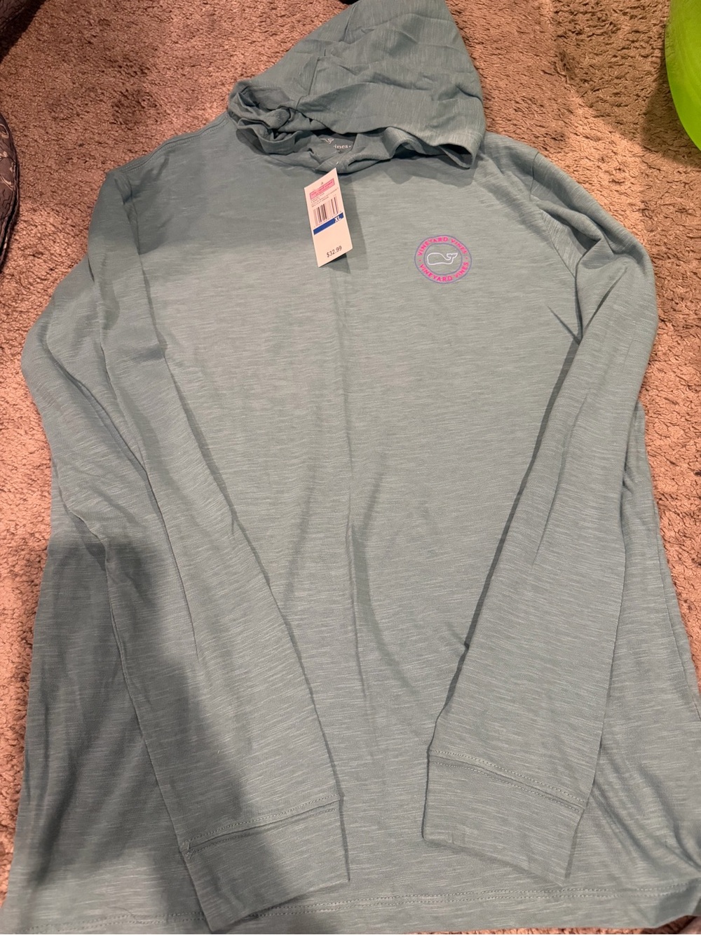 Vineyard Vines Kids Long Sleeve Hooded Tee in Seafoam with Pink Logo